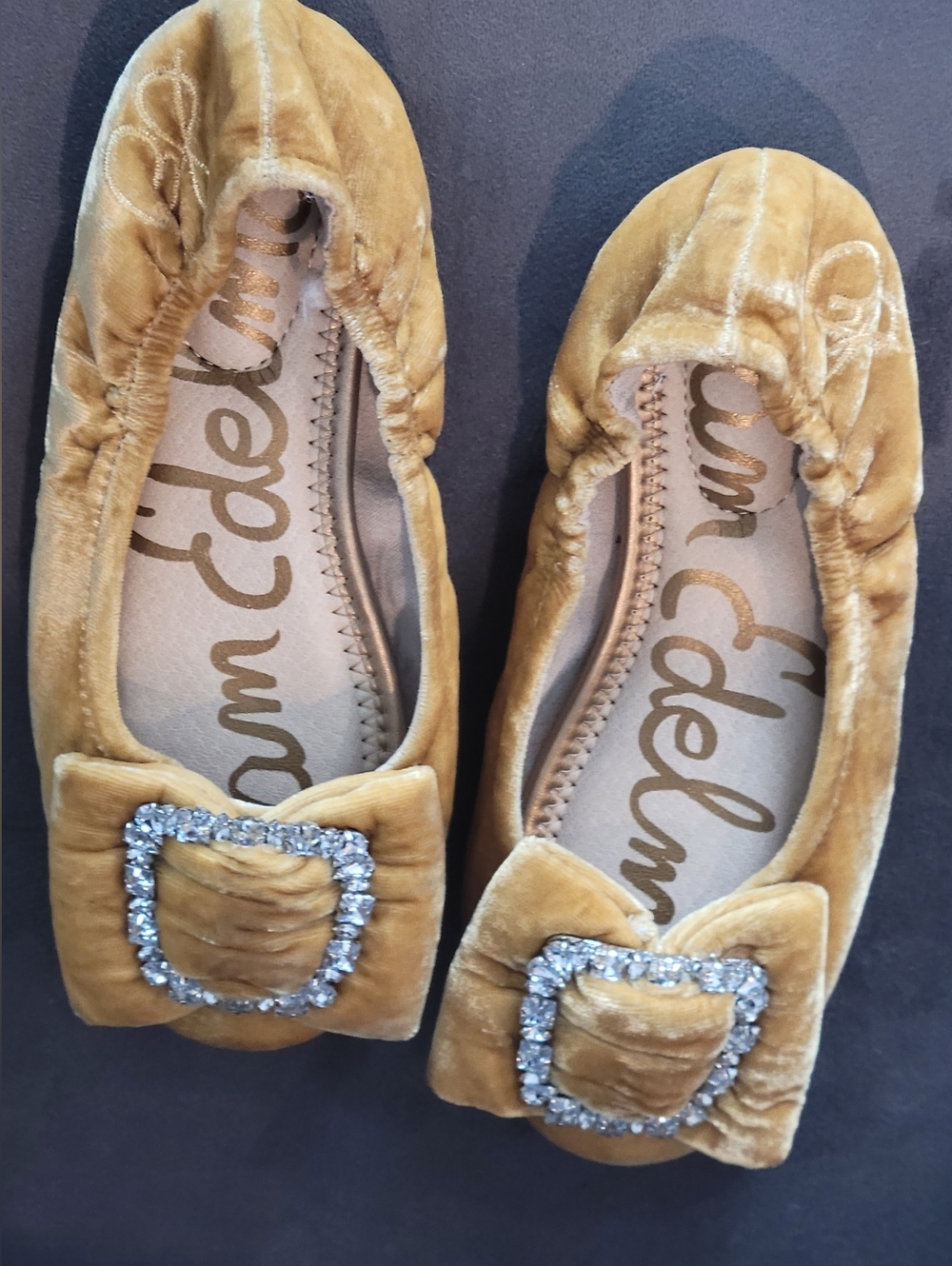 Sam Edelman Girl Velvet Ballet Flats in Mustard with Crystal Buckle..NO BOX